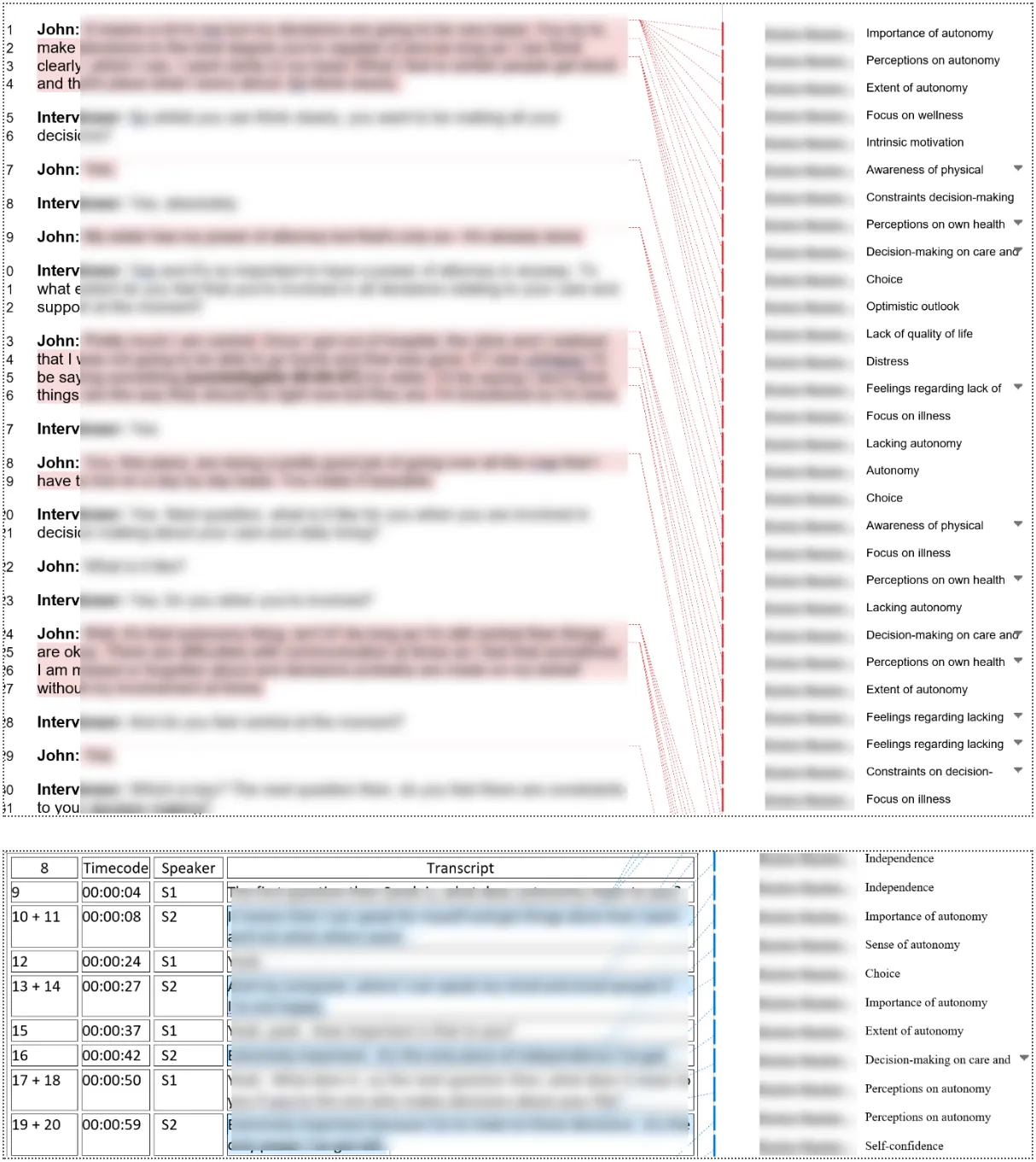 A page of a coded qualitative dataset showing tagged excerpts and code labels down the margin