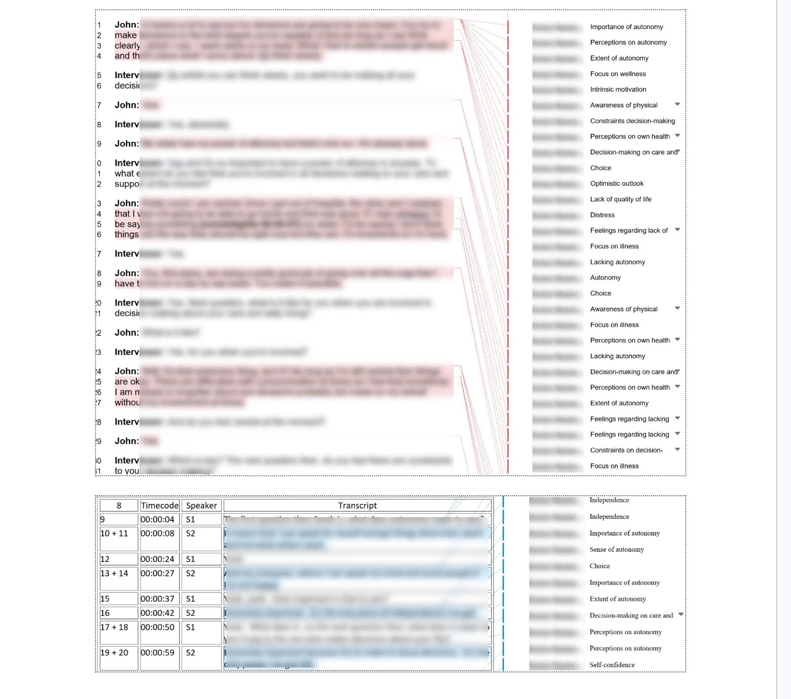 A page of a coded qualitative dataset showing tagged excerpts and code labels down the margin