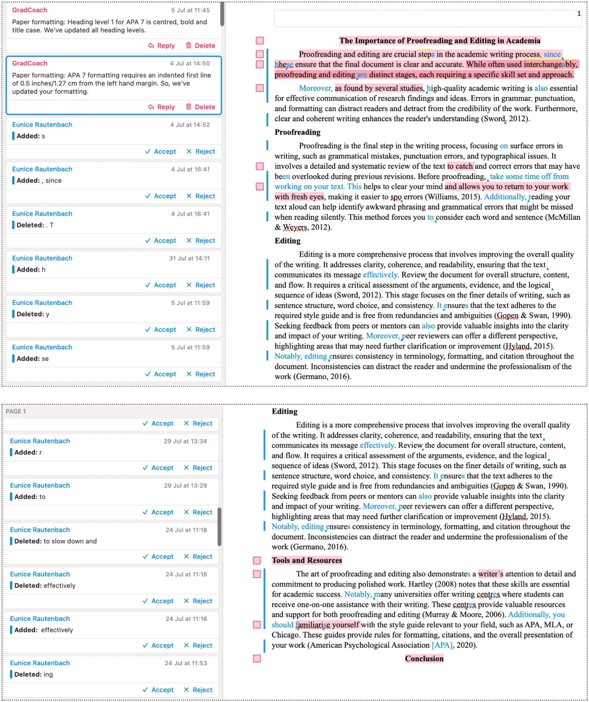 A page of academic writing showing tracked-changes edits and margin comments
