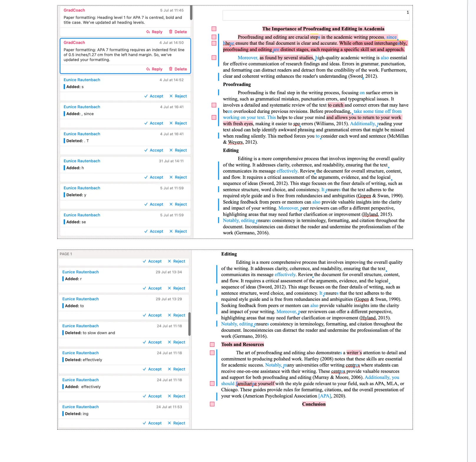A page of academic writing showing tracked-changes edits and margin comments