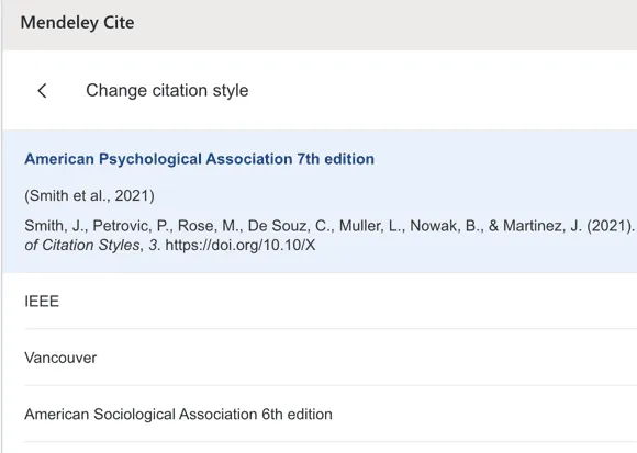 Citation styles in Mendeley