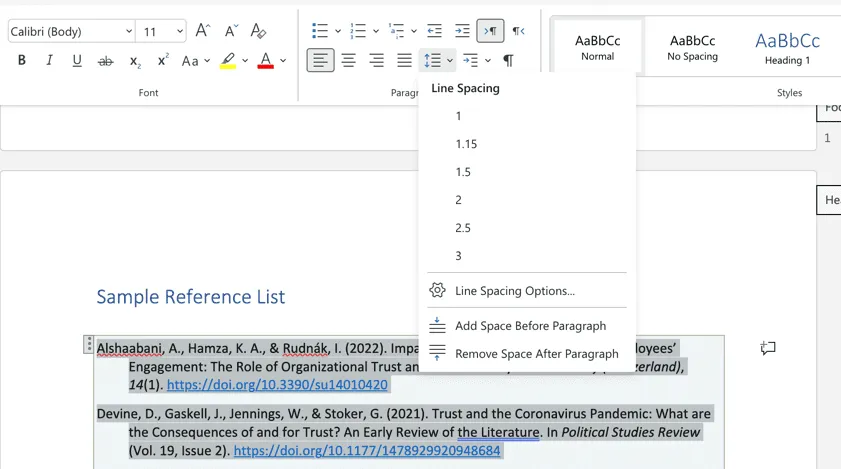 Set the line spacing of the reference list.