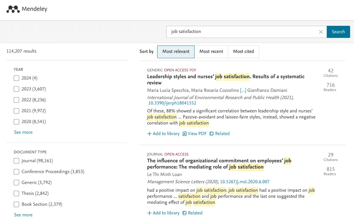 Searching for journal articles inside Mendeley