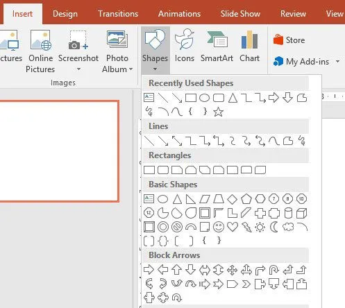 The Shapes menu in Microsoft PowerPoint, used to build simple figures