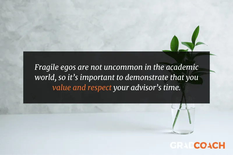 Fragile egos are not uncommon in the academic world, so it’s important to demonstrate that you value and respect your advisor’s time.