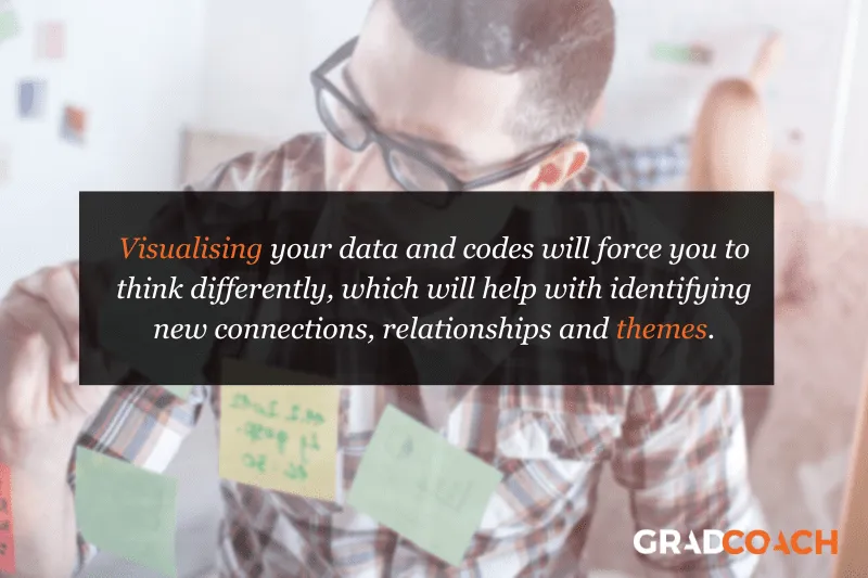 Visualizing your data and codes will force you to think differently, which will help with identifying new connections, relationships and themes.