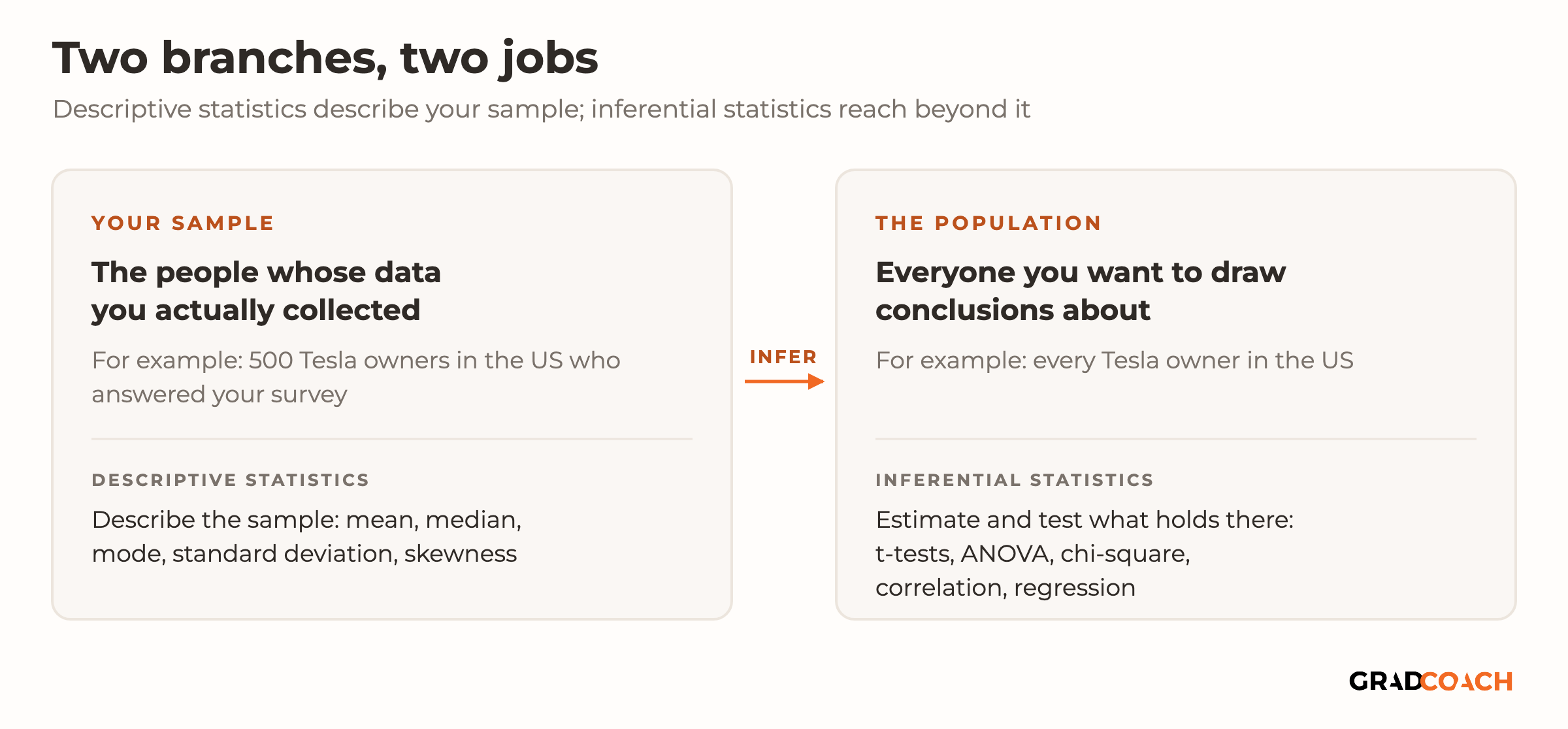 Two cards linked by an arrow labeled infer. Your sample: the people whose data you actually collected, for example 500 Tesla owners in the US who answered your survey. Descriptive statistics describe the sample: mean, median, mode, standard deviation, skewness. The population: everyone you want to draw conclusions about, for example every Tesla owner in the US. Inferential statistics estimate and test what holds there: t-tests, ANOVA, chi-square, correlation, regression.