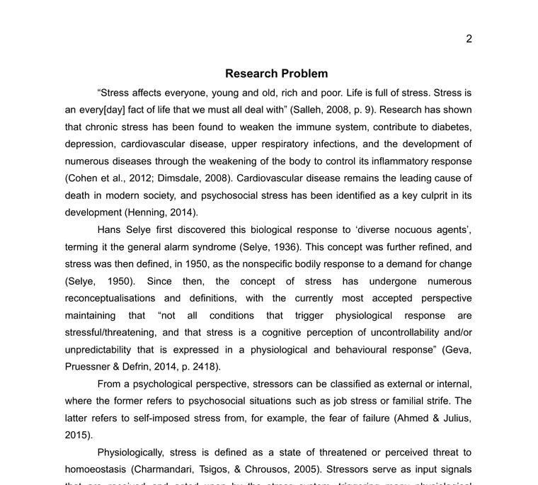 The Research Problem page of the PhD proposal, opening on the effects of chronic stress with inline citations.