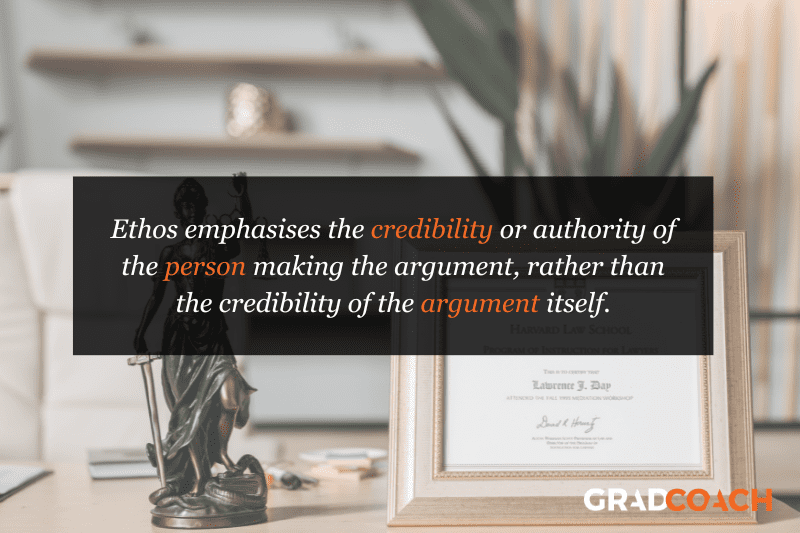 ethos-explainer Ethos emphasises the credibility or authority of the person making the argument, rather than the credibility of the argument itself.