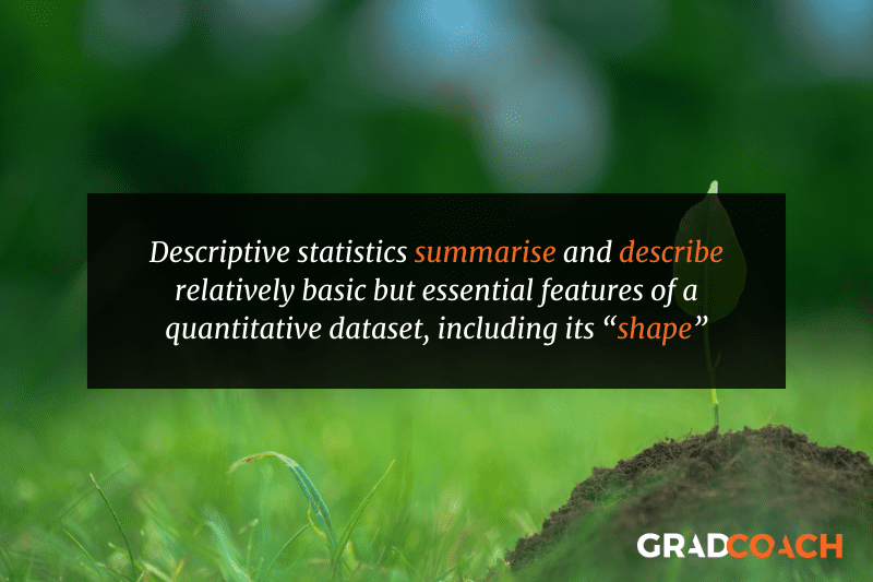 Descriptive statistics summarise and describe relatively basic but essential features of a quantitative dataset, including its “shape”