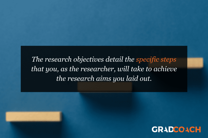 The research objectives detail the specific steps that you, as the researcher, will take to achieve the research aims you laid out.