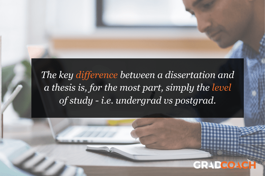 The key difference between a dissertation and a thesis is, for the most part, simply the level of study - i.e. undergrad vs postgrad.